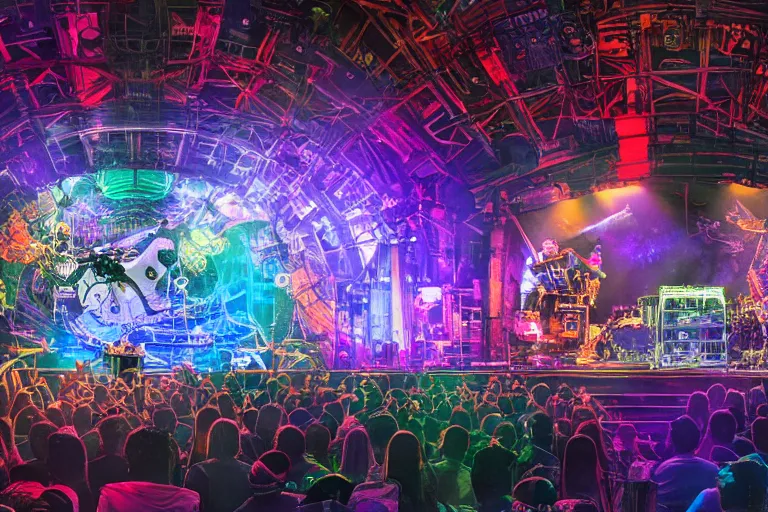 Image similar to an outdoor festival stage with audience, on stage is a rockband with 3 steampunk robots with guitars and drums, center of the stage is a big steampunk generator, laser show, 8 k, fluorescent colors, halluzinogenic, multicolored, exaggerated detailed, unreal engine, 8 0 mm lens