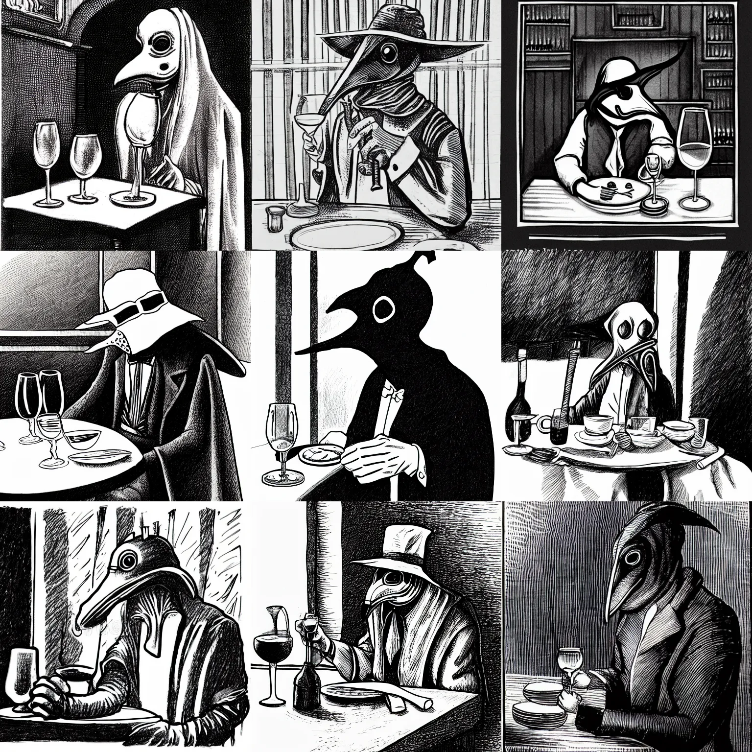 Prompt: detailed ink pencil illustration of a plague doctor sitting in a restaurant with a glass of wine