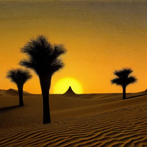 Prompt: desert dunes at sunset, palm trees, two camels in the foreground, long shadows, stars, twilight, dust, atmospheric, dramatic lighting, by john atkinson grimshaw, artstation