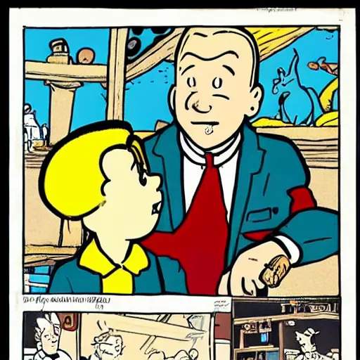 Prompt: tintin and milou, drawn by herge in a ligne claire style