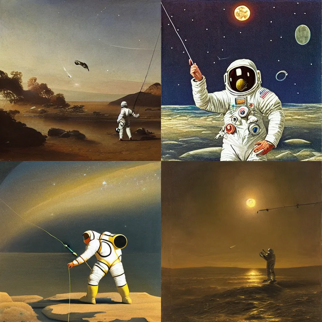 Prompt: astronaut in a spacesuit fishing and catching fish with a fishing rod from the crescent of the moon, realism, landscape