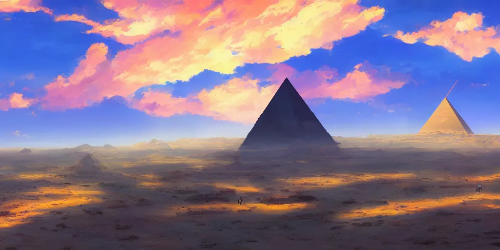 Image similar to a stunning desert landscape with a towering pyramid on the horizon by makoto shinkai