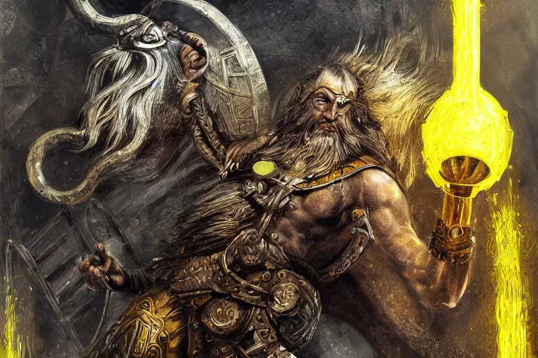 Prompt: mythological viking odin all father Shaman of artificial intelligence creating an artificial neural network, deep learning, with yellow synapses on an anvil, high resolution, award winning art, trending on art station, sharp image, incredibly detailed, detailed character realistic painting