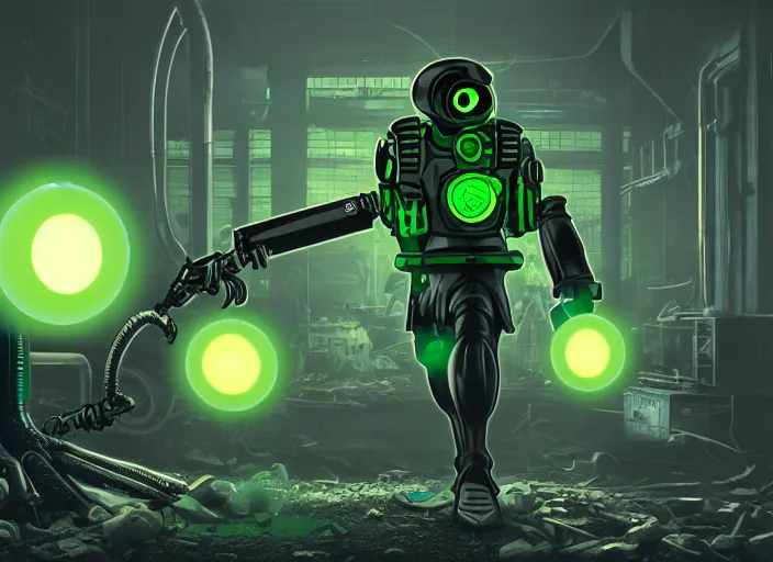 Image similar to anthropomorphic cyber penguin in fallout 4, glowing green eyes, claws, horror scene, artgerm, rutkowski, tooth wu, beeple, and intricate