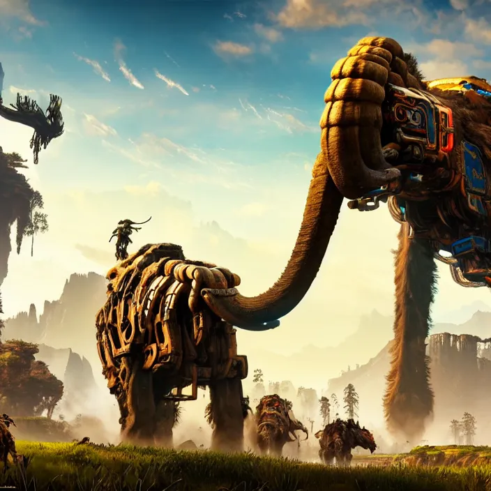 Image similar to photo of a mechanised mammoth in the style of horizon zero dawn, highly detailed, 4 k, hdr, smooth, sharp focus, high resolution, award - winning photo