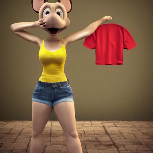 Prompt: 3 d render, portrait, upper body shot, mid shot, anthropomorphic mouse, female, wearing denim short shorts and a off yellow tank top shirt, in the style of robben hood