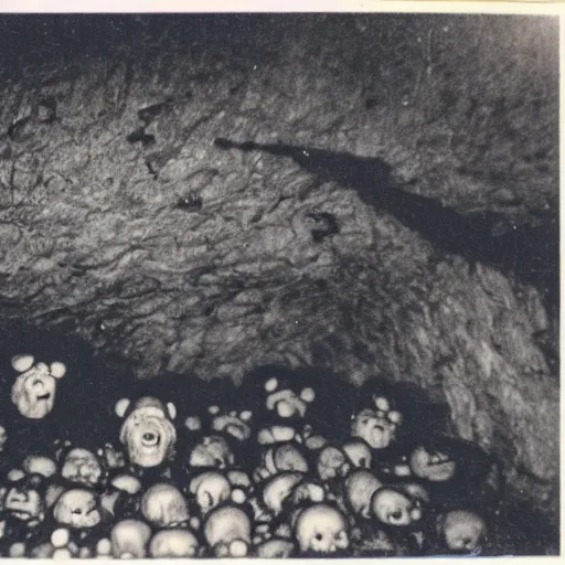 Prompt: old black and white closeup polaroid photograph of a cavern with a flashlight on the ground and two mutant rats, scary, evil looking, wide angle shot