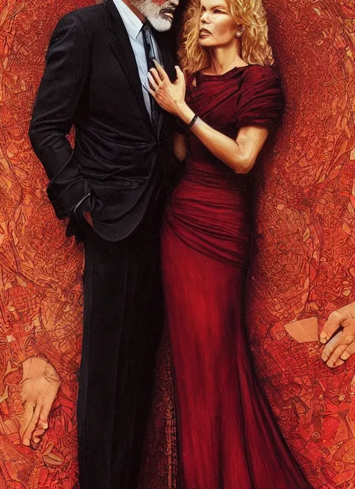 Prompt: george clooney wearing a formal black suit and kim basinger wearing a red dress in love hugging each other, highly detailed, focus stacked, candid portrait, art by artgerm and greg rutkowski and alphonse mucha