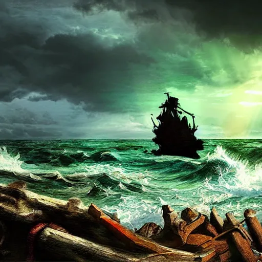 Image similar to wooden shipwreck of old pirate ship on rocks at sea, dramatic lighting, sun beams, god rays illuminating wreck, dark background, gloomy green sea, fantasy art, painting, concept art, oil painting, brushstrokes