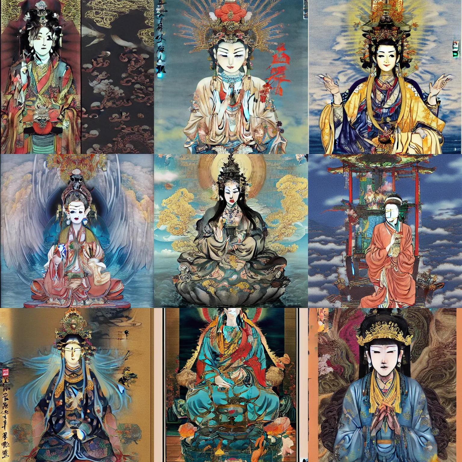 Prompt: Guanyin Of The Southern Seas a realistic setting with muted colors, Visual Novel, in a symbolic and meaningful style, by Yoshitaka Amano, by Zeng Fanzhi