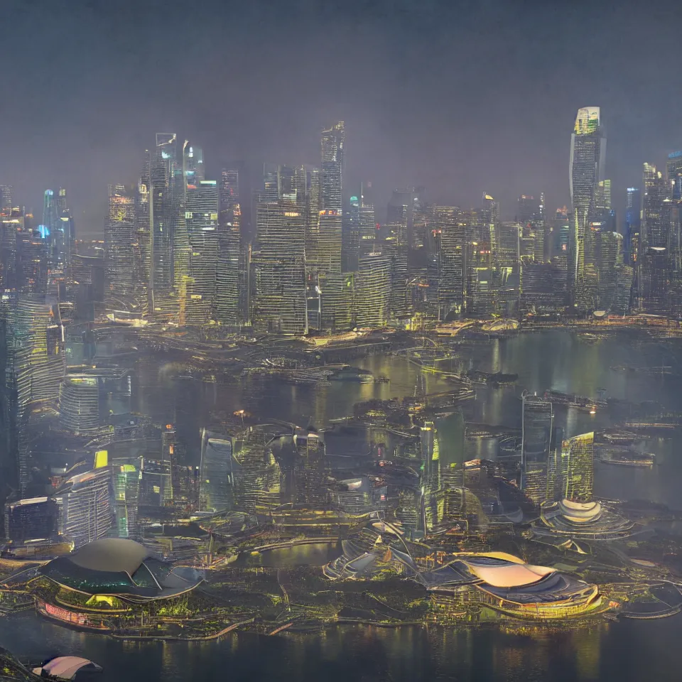 Image similar to a detailed futuristic painting of the Marina Bay Sands in Singapore at dusk. By Robert Bechtle, Paul Kratter, Geri Keary, Simon Stålenhag. Concept art, CGSociety, Octane. Trending on ArtStation, 8k, UHD, HDR