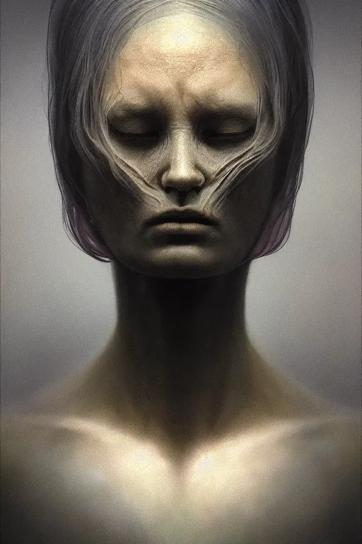 Image similar to portrait of a sad bioluminescent creature, intense expression, highly detailed, asymmetrical artwork, cinematic, hyperrealism, art by zdzisław beksinski and stanley lau and artgerm and magali villeneuve and alphonse mucha, artstation, octane render, unreal engine, 8 k, aperture f 1. 2