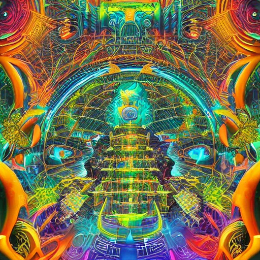 Image similar to techno earth plaza with a divine jungle of deities and peoples living together in harmony created by android jones, vector illustration