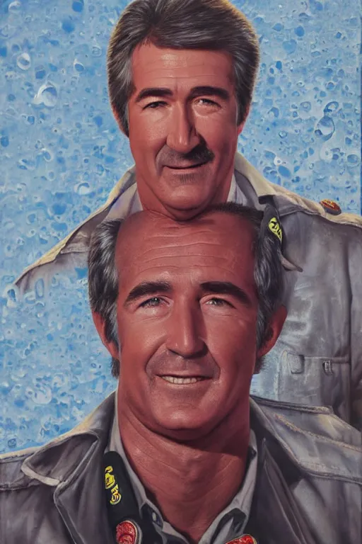 Prompt: hyper realistic painting of randy mantooth as a fire fighter by chuck close and richard corben, vivid colours, highly detailed, dramatic lighting, exotropia eyes