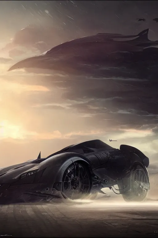 Image similar to the batmobile caught in the flow of time. octane render. 8 k. dark. atmospheric. cinematic. spectacular. sense of awe. mist. strong winds. sunrise. super slowmotion. matte painting painted by sparth and peter mohrbacher