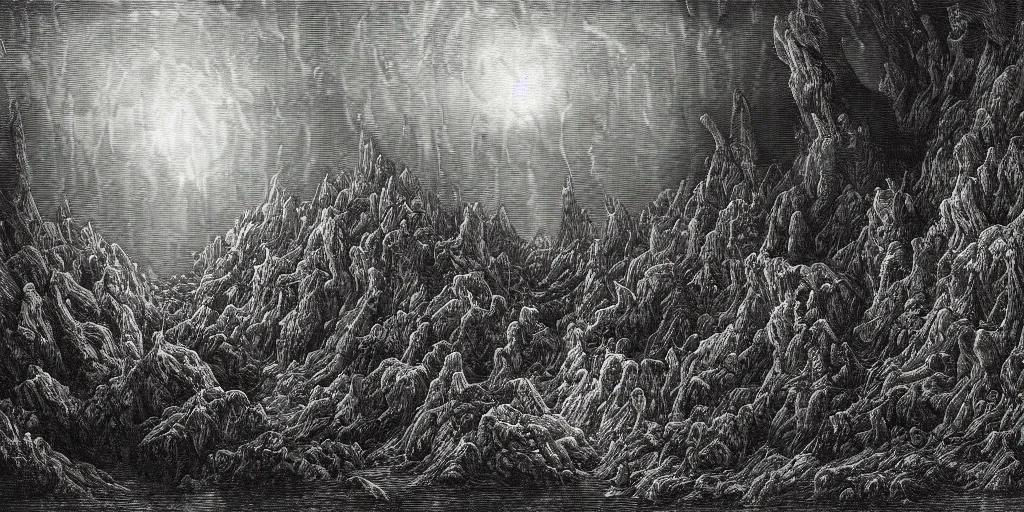 Image similar to a pixel landscape painting with many supernatural creatures, Sinister, horror, created by Gustave Dore, trending on Deviantart, high detail.