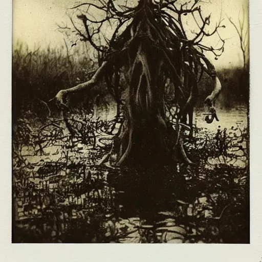 Image similar to creepy lovecraftian monster in swamp, 1910 Polaroid photo