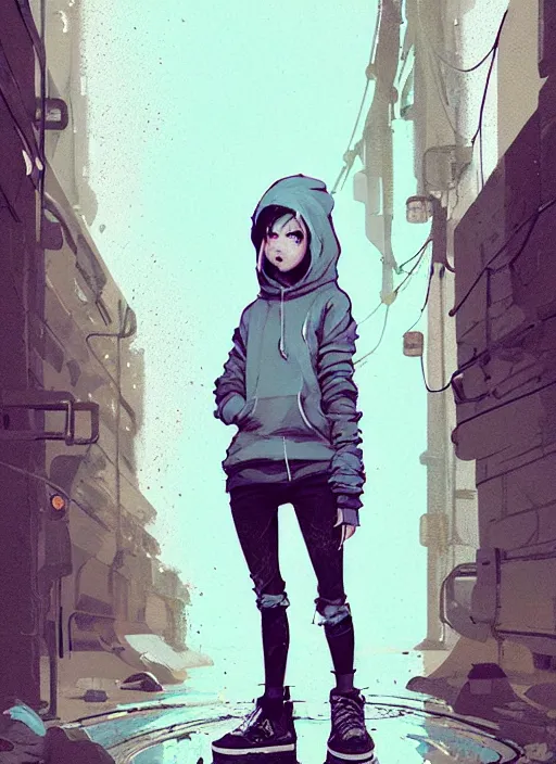 Image similar to highly detailed portrait of a sewer punk swedish young lady, hoodie, white hair by atey ghailan, by greg rutkowski, by greg tocchini, by james gilleard, by joe fenton, by kaethe butcher, gradient light blue, blonde, brown, cream and white color scheme, grunge aesthetic!!! ( ( graffiti tag wall background ) )