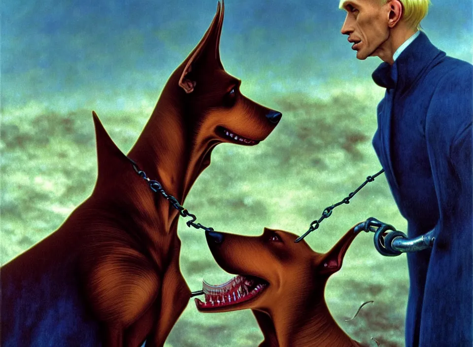 Image similar to realistic detailed portrait movie shot of an elegant blond male vampire a barking doberman on a leash, sci fi landscape background by denis villeneuve, amano, yves tanguy, alphonse mucha, max ernst, roger dean, masterpiece, rich cold moody colours, dog teeth, blue eyes