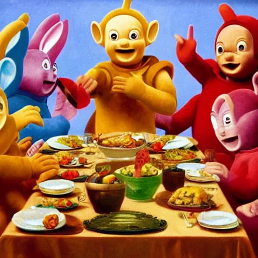 Prompt: renaissance painting of the teletubbies at final supper, long table, drinking, eating