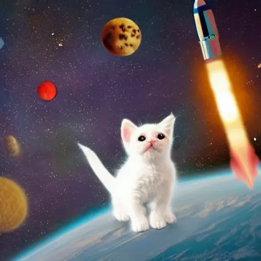 Image similar to a cute kitten riding on a rocket in space