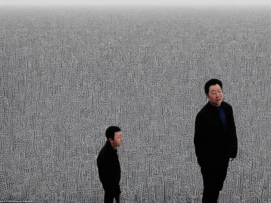 Prompt: ' the center of the world'( artwork in the style of ai weiwei ) was filmed in beijing in april 2 0 1 3 depicting a white collar office worker. a man in his early thirties - the first single - child - generation in china. representing a new image of an idealized urban successful booming china.