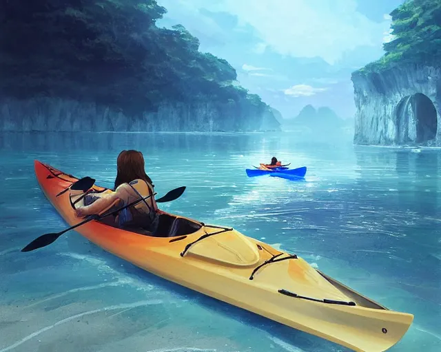 Prompt: a kayak in a river. blue water, atmospheric lighting. by makoto shinkai, stanley artgerm lau, wlop, rossdraws, james jean, andrei riabovitchev, marc simonetti, krenz cushart, sakimichan, d & d trending on artstation, digital art.