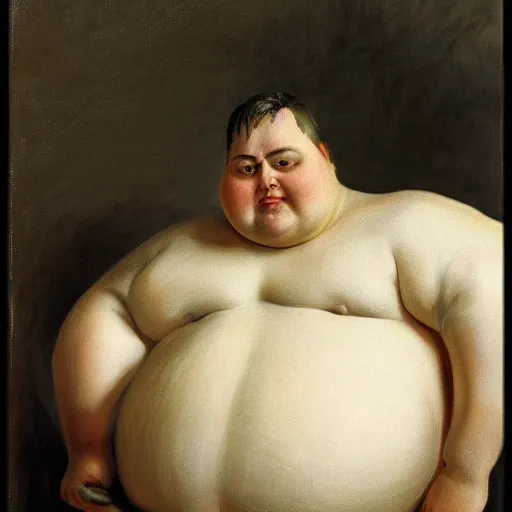 Image similar to highly detailed portrait of a grossly obese flamboyant man who is shaped like a pear artstation he is sitting down for a lavish feast of only vegtables, 8 k, sfx, john singer sargent.