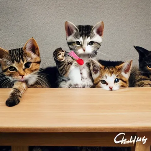 Image similar to a bunch of cute cats around a table