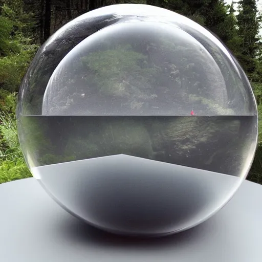 Prompt: It looked like a dark gray or black cube inside a clear translucent sphere and the apex of the cube was touching the inside of the sphere.