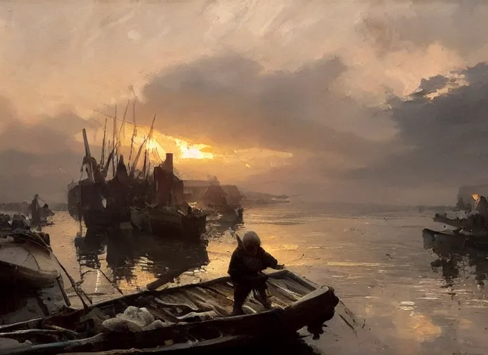 Image similar to oil painting of fishing village in dawn by anders zorn, wonderful art by greg rutkowski, incredible lighting, shadows, beautiful cinematic light