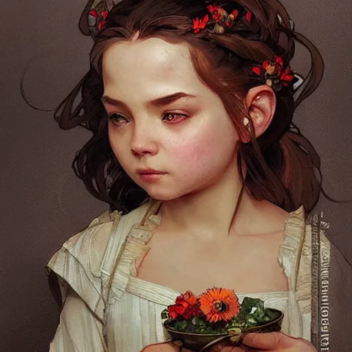 Image similar to a little cute angry dwarf. beautiful painting by artgerm and greg rutkowski and alphonse mucha