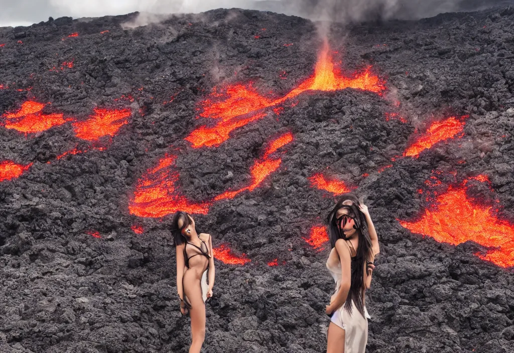 Image similar to fashion editorial in volcano eruption lava. wide angle shot. highly detailed.