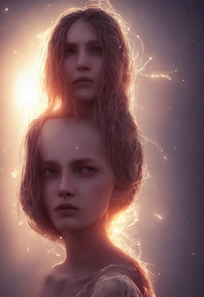 Image similar to portrait art of female angel by alessio albi 8 k ultra realistic, angel wings, lens flare, atmosphere, glow, detailed, intricate, full of colour, cinematic lighting, trending on artstation, 4 k, hyperrealistic, focused, extreme details, unreal engine 5, cinematic, masterpiece