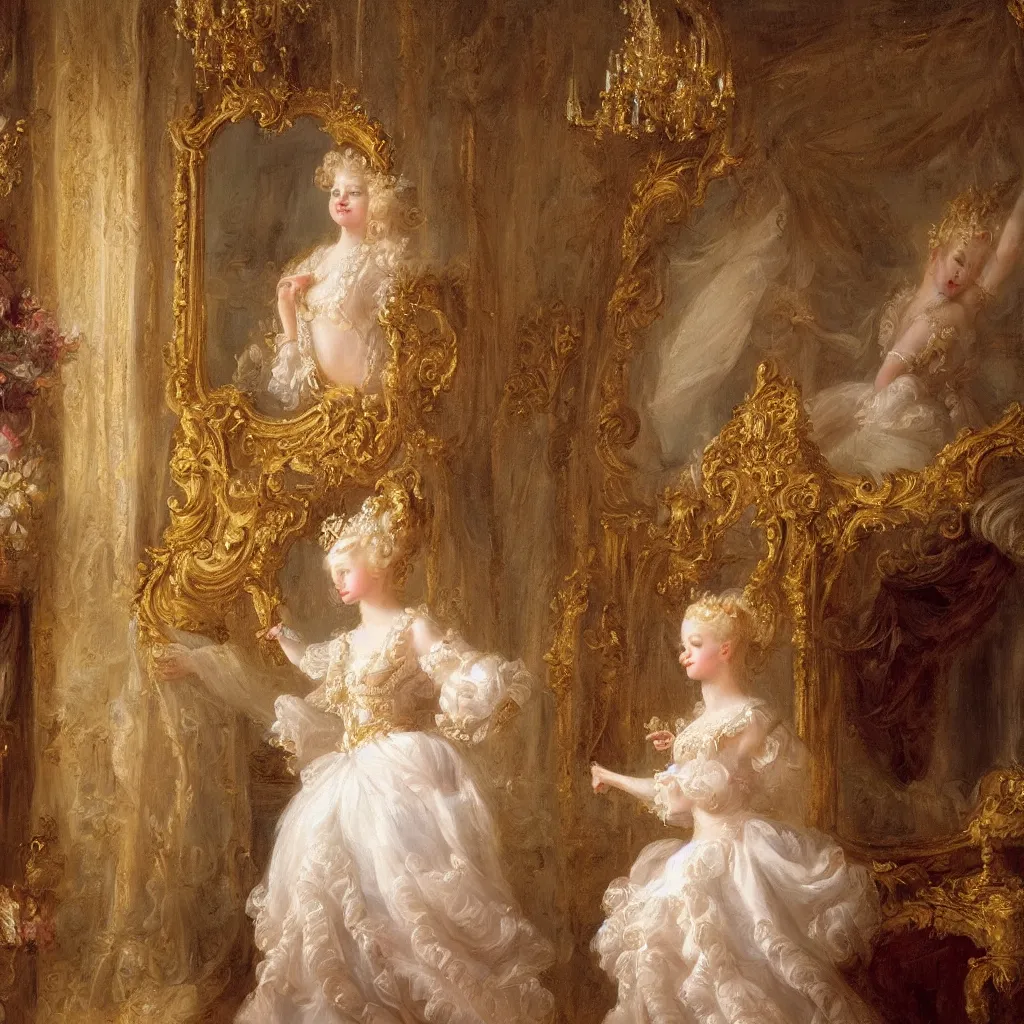 Image similar to a young girl with blond hair danced in the splendid palace, palace dance, dress in the style of rococo, dreamy, romantic, night lighting, highly detailed, expressive impressionist style, 8 k