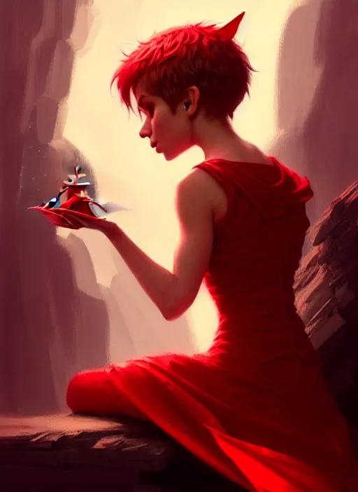 Image similar to Image of tiny pixie sitting on top of a human hand, D&D fantasy, wearing a red dress, intricate, highly detailed, digital painting, artstation, concept art, sharp focus, illustration, art by greg rutkowski and Ross Tran