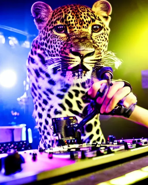 Prompt: a leopard dj playing a set in a club with a camera in his hand