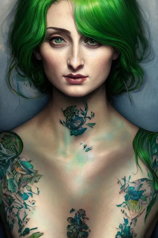 Image similar to upper body portrait shot of green hair tattooed pinup sophie turner, masterpiece, intricate, elegant, highly detailed, digital painting, artstation, concept art, smooth, sharp focus, illustration, art by artgerm and greg rutkowski and alphonse mucha and uang guangjian and gil elvgren and sachin teng, symmetry!!