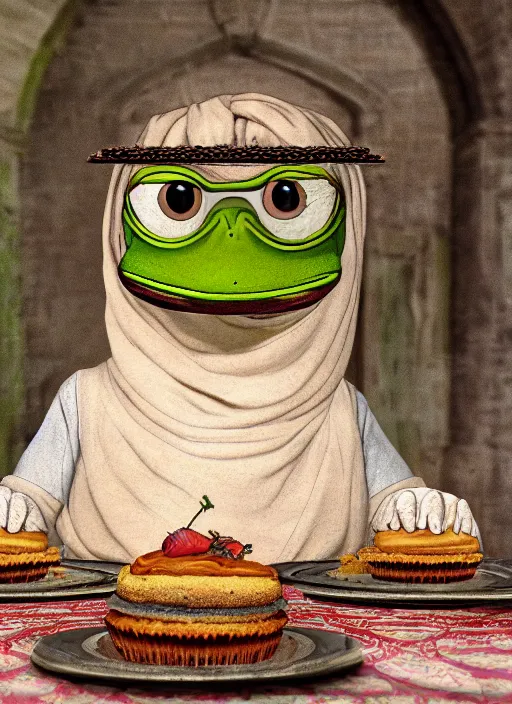 Image similar to closeup portrait of a medieval pepe the frog eating cakes in the cloisters, depth of field, zeiss lens, detailed, symmetrical, centered, fashion photoshoot, by Annie Leibovitz and Steve McCurry, David Lazar, Jimmy Nelsson, Breathtaking, 8k resolution, extremely detailed, beautiful, establishing shot, artistic, hyperrealistic, beautiful face, octane render