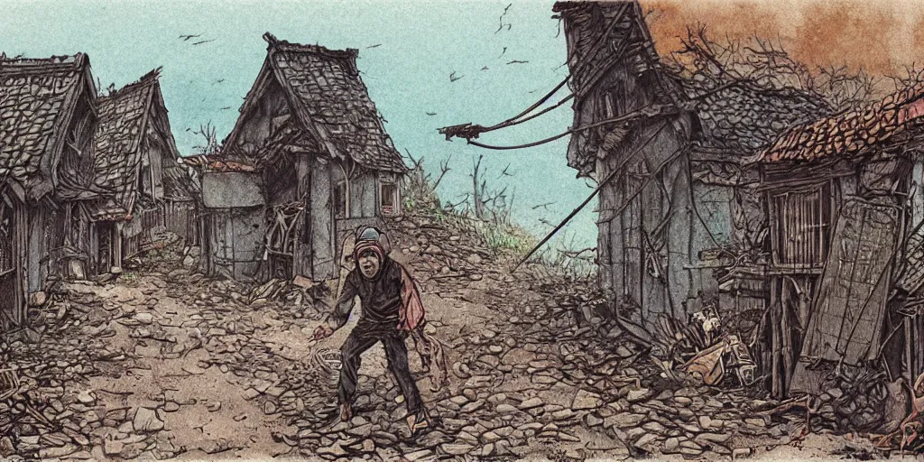 Prompt: illustration of an apocalyptic scene, a man sneaking through an abandoned village, stephen king atmosphere, 1 9 8 0 s japanese illustrator art, award winning, colorful matte,