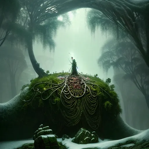 Image similar to ancient giant fallen god, lush trunda vegetation, snow :: by Michal Karcz, Daniel Merriam, Victo Ngai and Guillermo del toro :: ornate, dynamic, particulate, intricate, elegant, highly detailed, centered, artstation, smooth, sharp focus, octane render, 3d