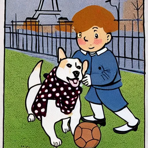 Image similar to book illustration of a french boy on the streets of paris playing football against a corgi, the dog is wearing a polka dot scarf, 1 9 6 6