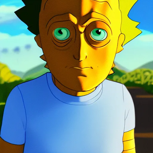 Image similar to portrait of real life morty smith wearing yellow t - shirt. photo realism. dramatic lighting. alien planet background. 4 k