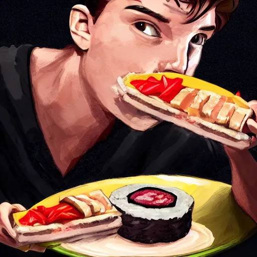 Image similar to tom holland eating spam musubi, digital art, trending on artstation, 8 k, highly detailed