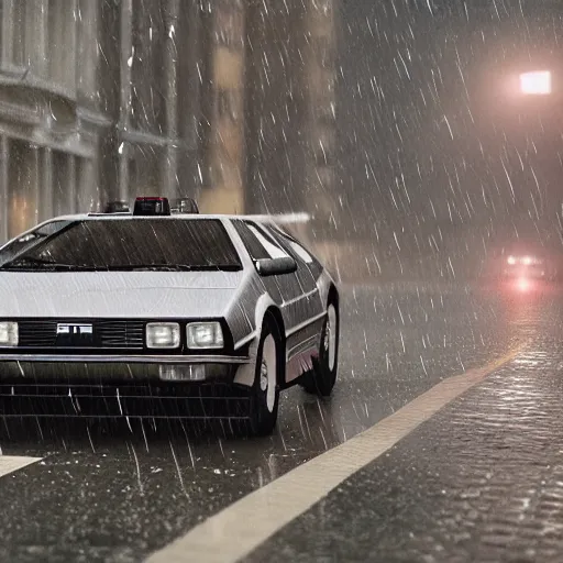 Image similar to hyperdetailed, photorealistic photograph of a dmc 1 2 delorean driving in the streets, rain, night, dense fog, hd, unreal engine 5