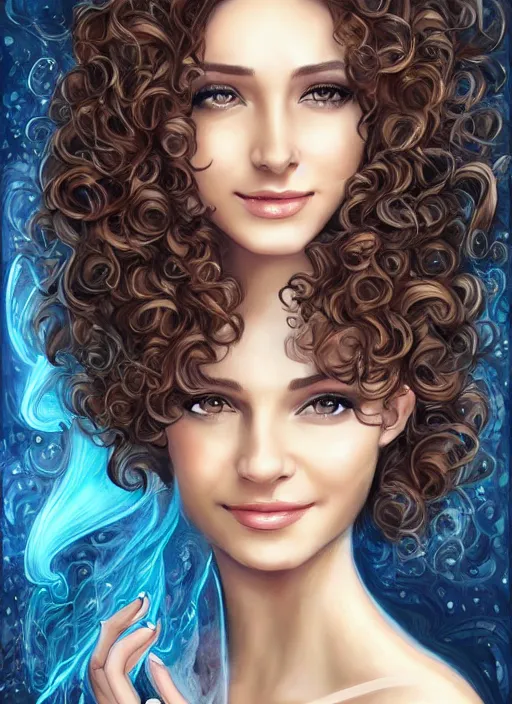 Image similar to beautiful female angel, brunette with big smile and curly hairstyle, looks like Ebru Şahin, Reyyan, looks like Fabiula Nascimento, looks like Laura Barriales, D&D, fantasy, intricate, elegant, highly detailed, digital painting, artstation, concept art, character design, smooth, sharp focus, illustration, art by artgerm and greg rutkowski and alphonse mucha