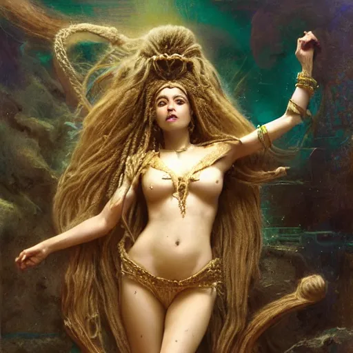 Image similar to birth of sumerian goddess inanna ishtar, ashteroth, techno mystic goddess princess intergalactica, with aqua neon rapunzel dreadlocks, mami wata, detailed, by gaston bussiere, bayard wu, greg rutkowski, giger, maxim verehin, greg rutkowski, masterpiece, sharp focus,