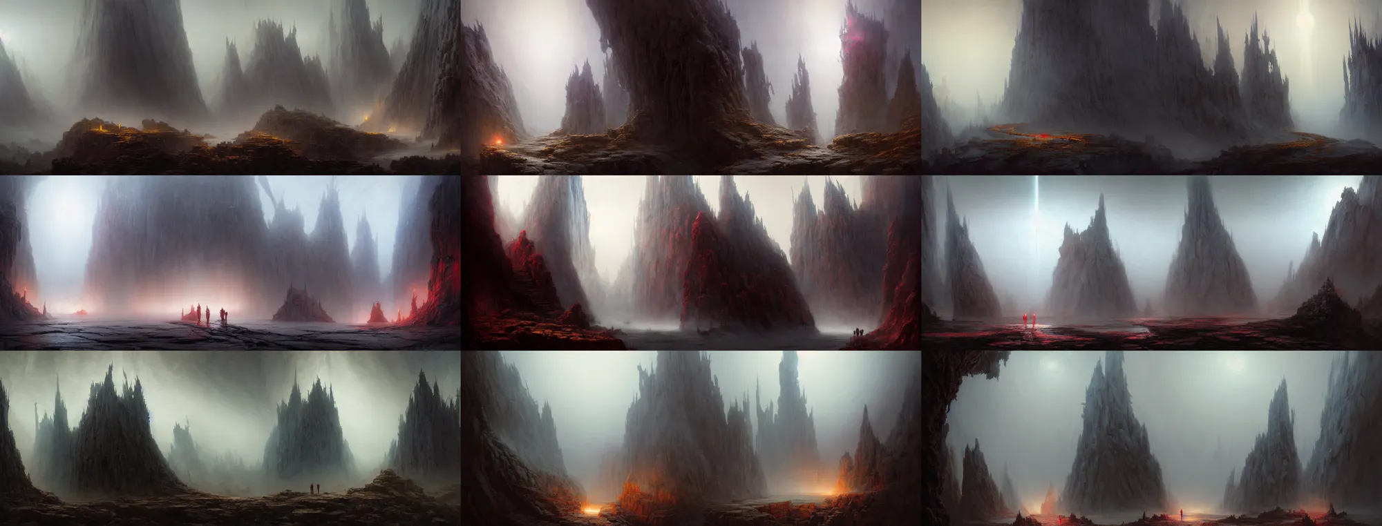 Image similar to concept art by barlowe wayne, ruan jia and greg rutkowski. a winding road to fantasy cave palace of bad omens!! magnificent palace!! fier in fog. dante's divine comedy, a beam of light fell on the stone throne!! 3 d, ultra clear detailed. octane render. 8 k. dark red, light grey blue and golden