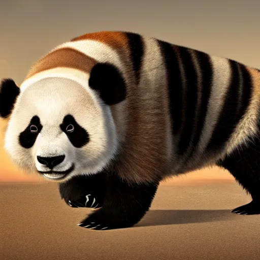 Prompt: Photorealistic octane render of a panda with zebra fur, hyperrealistic, 8k, dramatic lighting