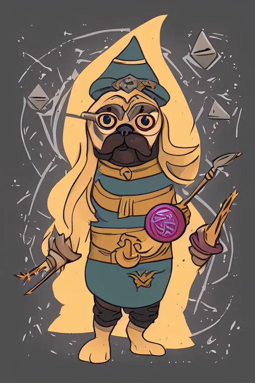 Image similar to Pug that is a wizard casting a spell , wizard, medieval, sticker, colorful, casting epic spell, magic the gathering artwork, D&D, fantasy, artstation, heroic pose, illustration, highly detailed, simple, smooth and clean vector curves, no jagged lines, vector art, smooth